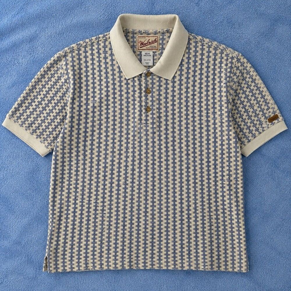 Woolrich Mens M Polo Shirt Khaki Blue Geometric Pattern 100% Cotton Outdoorwear